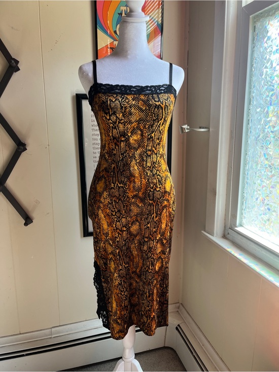 Betsey Johnson Dresses & Skirts - Vintage 1990s Betsy Johnson Snake Print Lace Trim Slip Dress in Yellow-Black